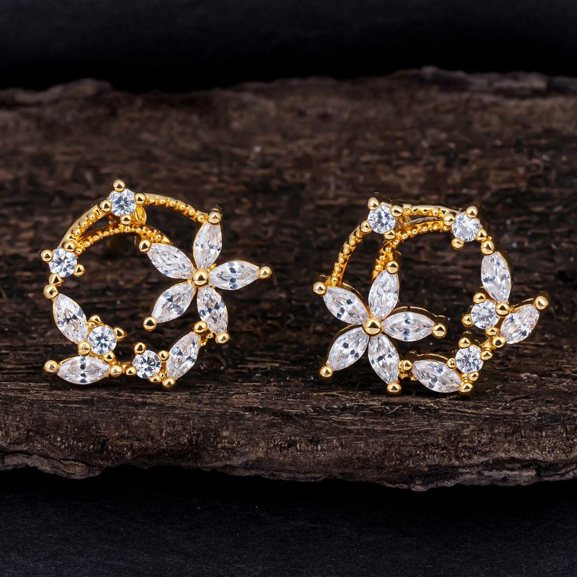 Enchanting Floral Gold Plated Stud Earring For Women Cubic Zirconia Alloy Stud Earring