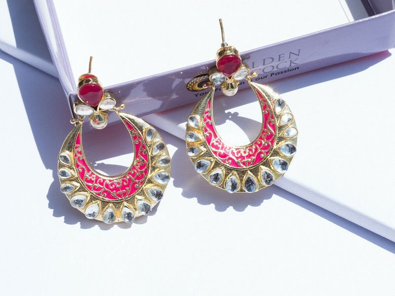 Red Gold Plated Women Chandbalis Cubic Zirconia Alloy Chandbali Earring