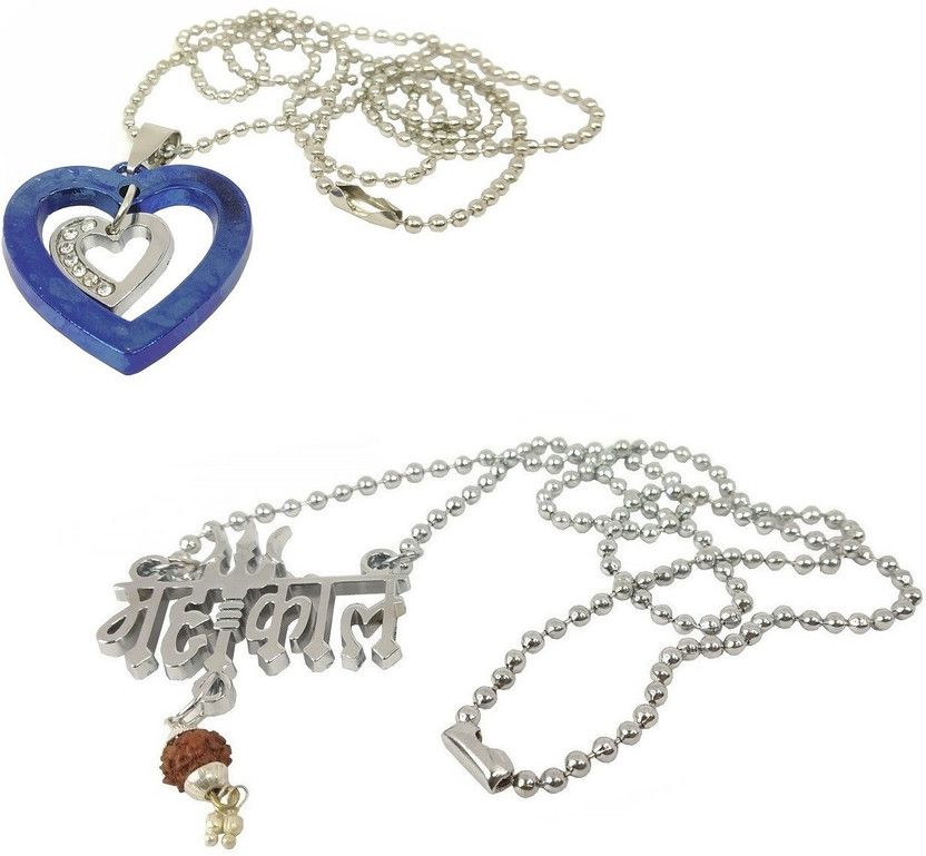 Unisex CMB7065 Combo Of Metal Fancy & Stylish Brown Beads Rudraksha Lord Shiva Trishul Mahadev Bolenath Mahakal Locket And Valentine's Day I Love You Heart Diamond Nug Romantic Love Pendant Necklace With Chain Silver Metal Pendant Set