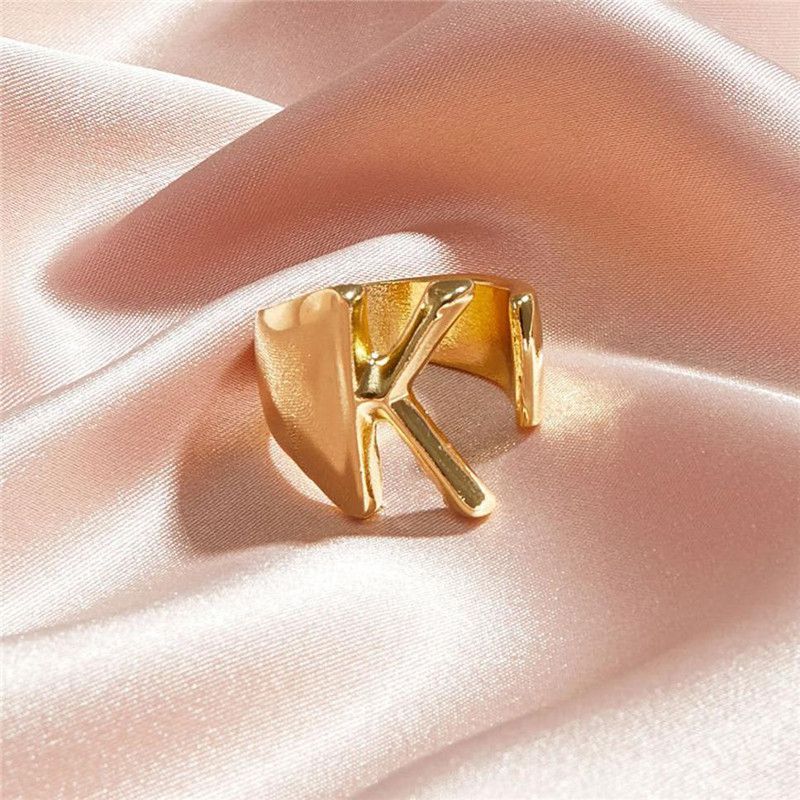 Alphabet letter chunky name irregular gold adjustable initial statement ring Metal Ring