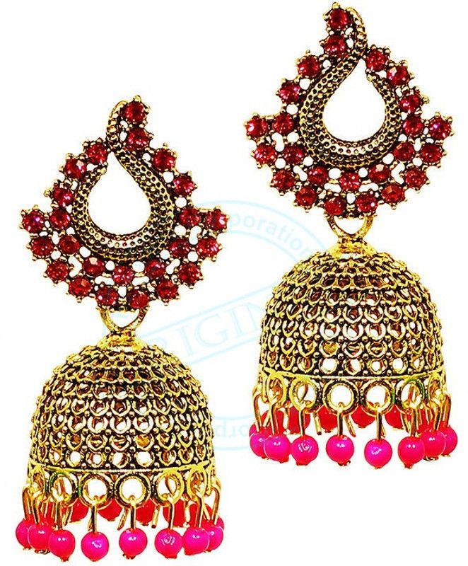 Traditional Pink and Golden Jhumka Earring Fancy Small Pink Jhumki/Earrings Metal Jhumki Earring