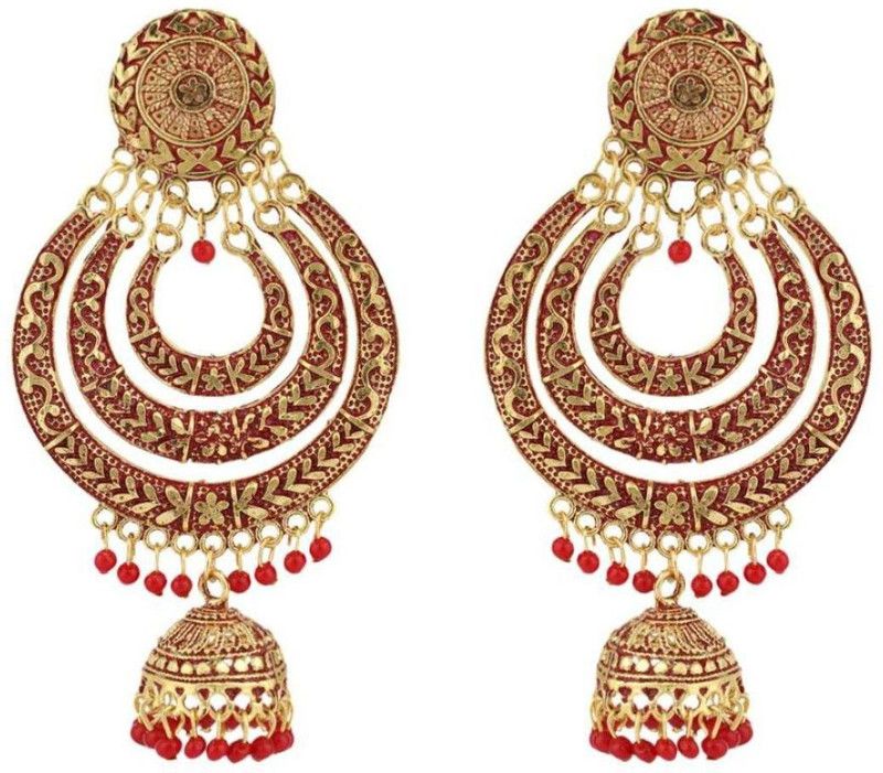 Traditional Gold Plated Partywear Red Alloy Light Weight Jhumka Beads Alloy Jhumki Earring