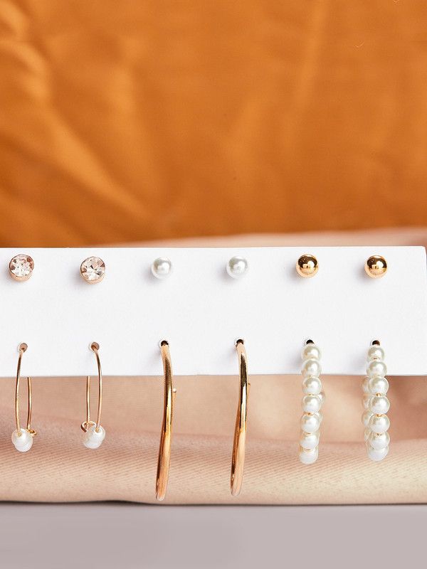 Gold Toned 3 Stud And 3 Hoops With Pearl Set Of 6 Pearl Alloy Hoop Earring