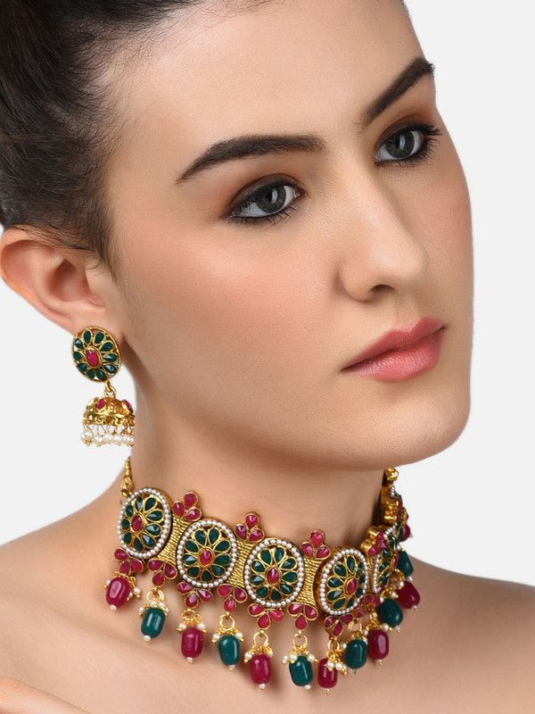 Stone Gold-plated Green, Red Jewel Set  (Pack of 1)
