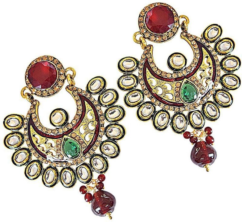 Zaina - Antique Ethnic Collection Gold Plated Metal Colored Stone Chandbali Earrings for Women, Multi-color (PSE56) Metal Chandbali Earring