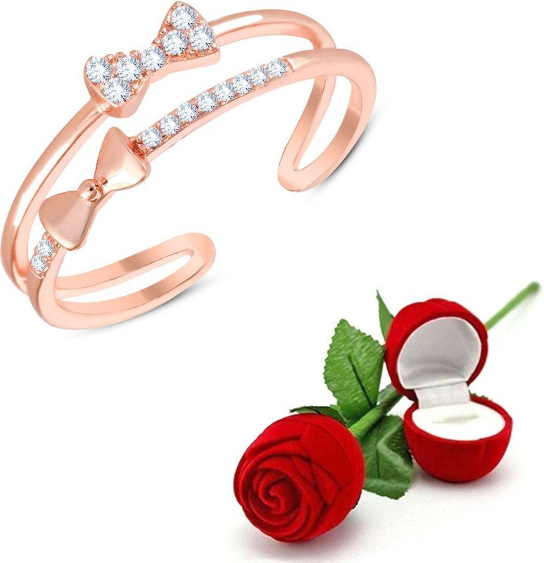 Bow Shaped Daimond studded Ring with Rose for Women and Girls Brass, Alloy Copper Plated Ring
