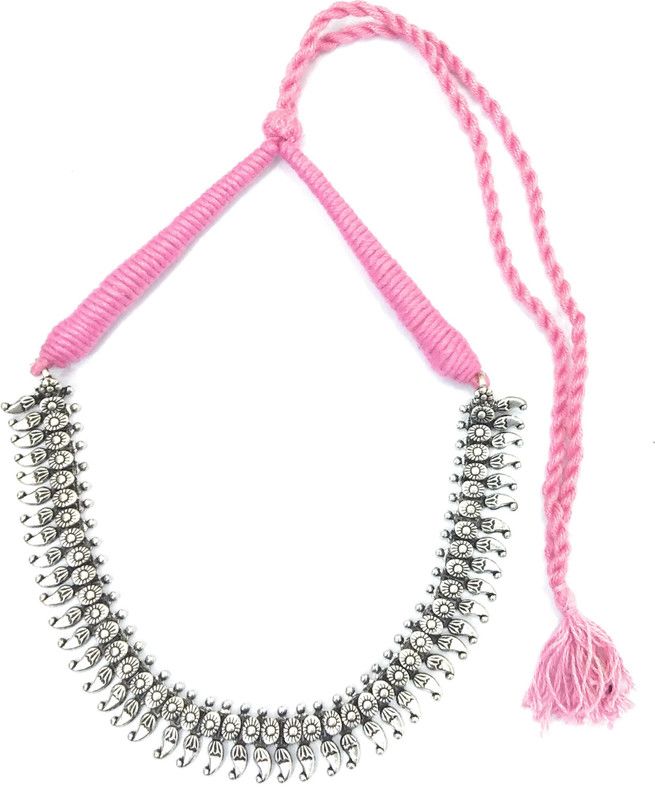Pink Tribal Necklace Silver Oxidized Jewelry Brass Metal Tooth Pattern Beads Pink Thread Choker Necklace Antique Finish Black Silver, Silver Plated Metal Necklace