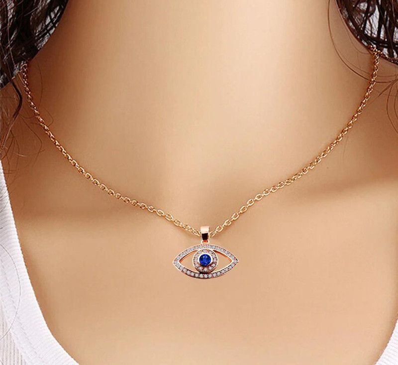 Rose-Gold JAR0395-3 Valentine's Day AD Blue Nug Evil Eye Locket Pendant Necklace Stainless Steel Locket Set