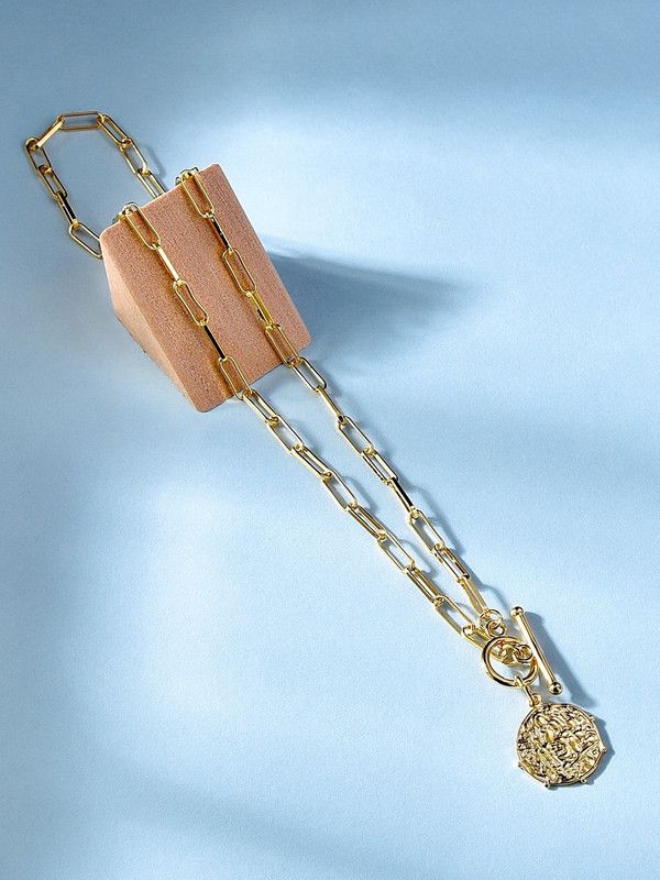 Gold-Plated Coin And T-Bar Necklace Brass Necklace