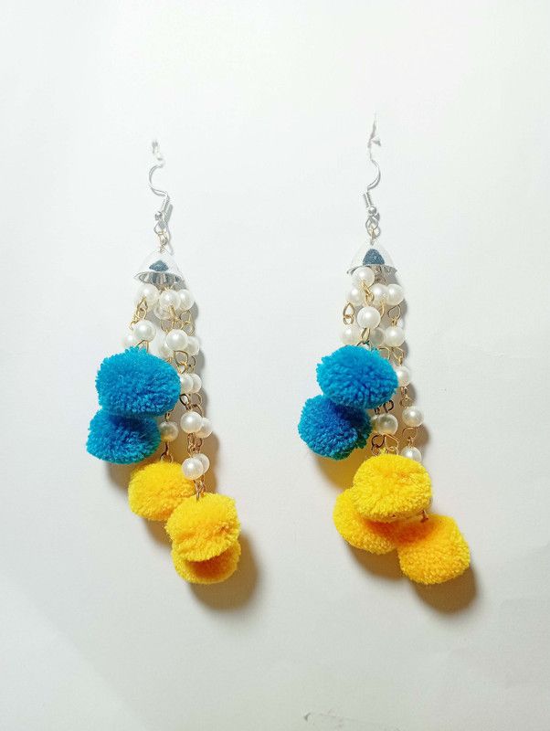Blue & Yellow Pom Pom Earrings Beads Alloy Drops & Danglers