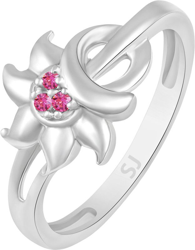 Pink Ruby Floral Alloy, Brass Cubic Zirconia Rhodium Plated Ring
