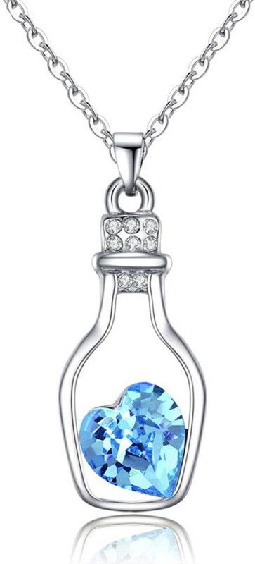 Heart Design Blue Crystal Round Stylish&Trendy Pendant Necklace for Girls/Women Rhodium Stainless Steel Pendant
