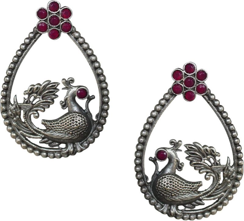 Oxidised Stylish Traditional Peacock Design Red Chandbali Earrings For Women German Silver Drops & Danglers