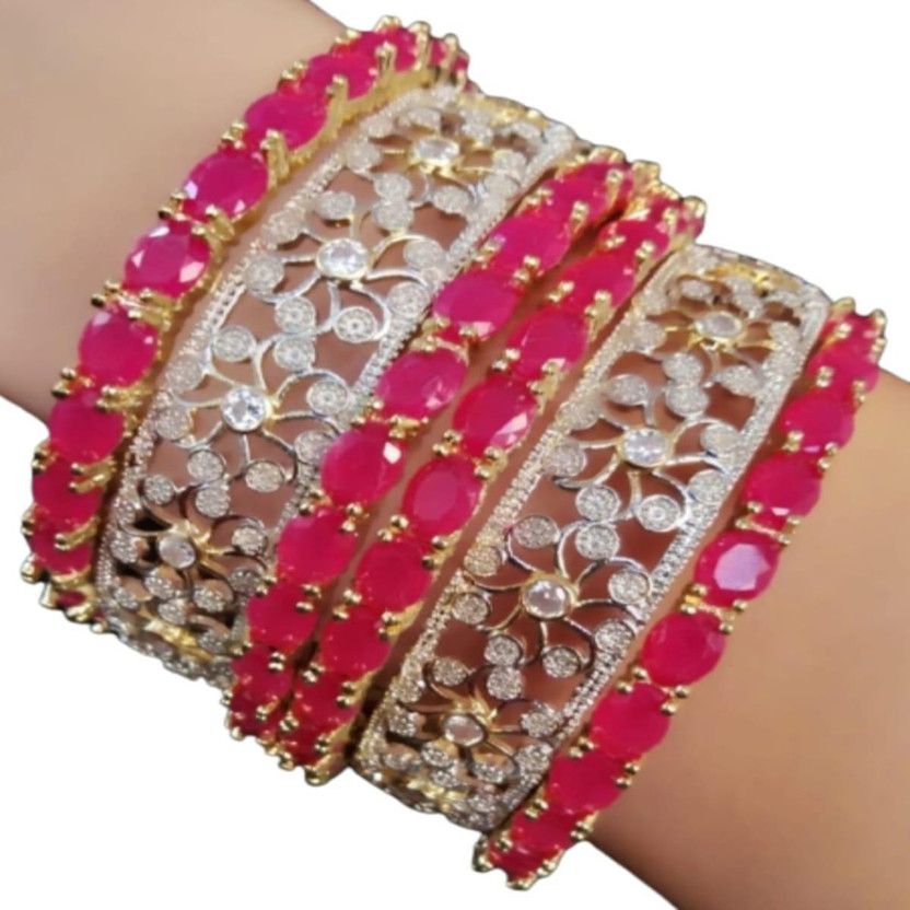 Alloy Cubic Zirconia, Ruby Gold-plated Bangle Set  (Pack of 6)