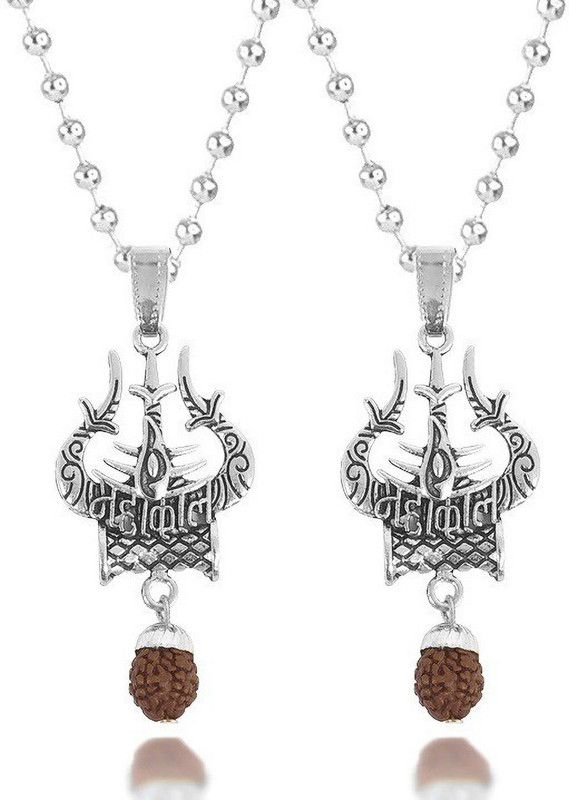 Set Of 2 Silver Eye Damru Shiva Trishul Mahadev Mahakal Locket Pendant Necklace Stainless Steel Pendant