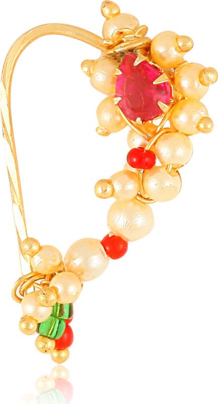VSHINE FASHION JEWELLERY Wedding Pearl Ethnic Collection Maharashtrian Festive Fancy Party Wear Latest Design Gold Plated Nath Nose Pin Nathiya Fashion Jewellery for Women & Girls Cubic Zirconia Gold-plated Plated Alloy, Brass Nose Ring