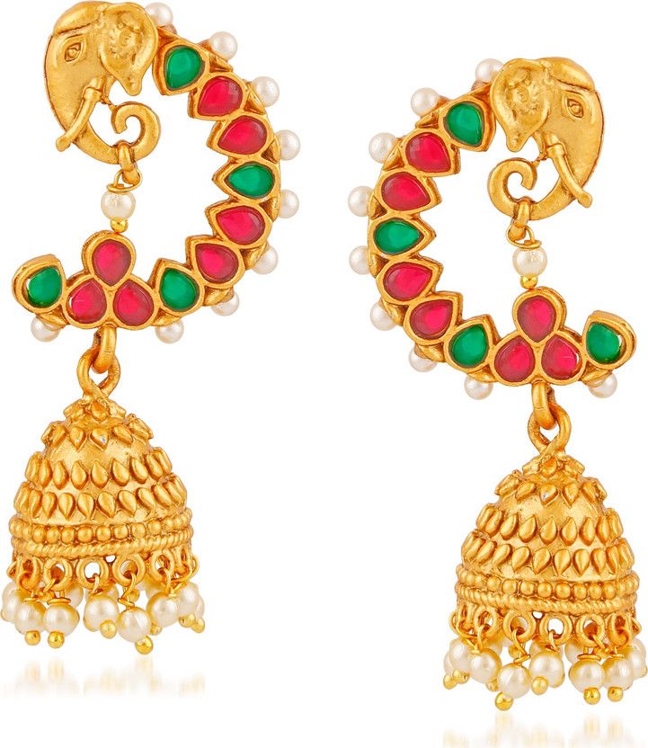 Temple Jewellery Sets Traditional Matte Gold Kundan Pearl Stylish Wedding Ruby Green Lord Ganesh Jhumka/Jhumki Earrings for women/girls Emerald, Pearl, Ruby Copper, Brass Drops & Danglers, Jhumki Earring