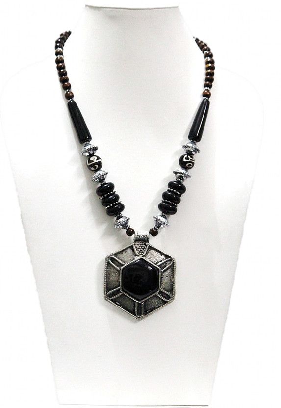 MMA 149 NICE TRENDY ANITQUE BLACK PANDENYT NECKLES Silver Plated Resin Necklace