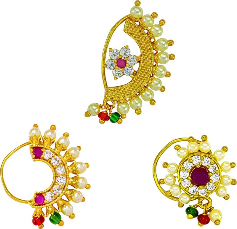 KYOOT JEWELS Cubic Zirconia, Diamond, Pearl, Ruby Gold-plated Plated Brass, Stone Nose Stud Set  (Pack of 3)