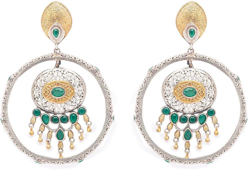 German Oxidized Silver Earrings Tribal Design Engraved Green Stones Studded Hoop Dangler Earrings German Silver Drops & Danglers