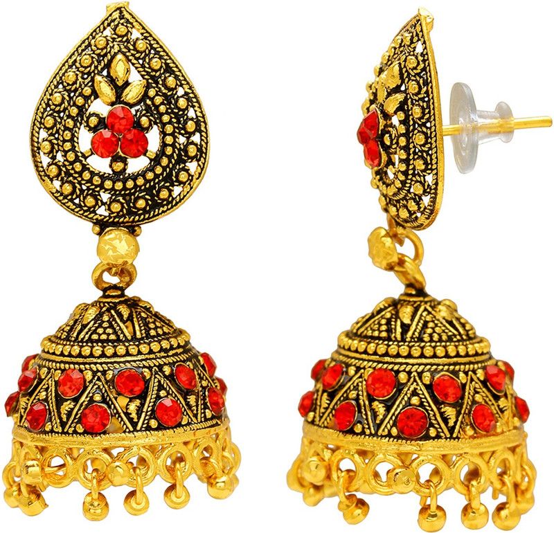 Gold covered Brass Brass, EthnicTraditional red, Bridal marriage Jhumki earrings for Women girls Traditional Cubic Zirconia Brass Jhumki Earring