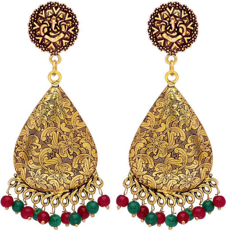 God Of Ganesha Stud With Maroon & Green Colour Beads Brass Stud Earring