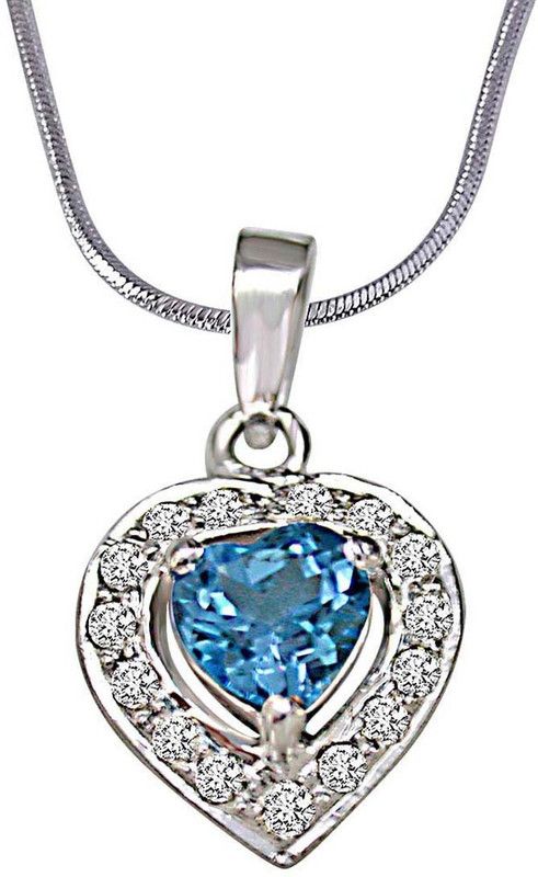 Heart Shaped Blue Topaz & Real Diamond Pendant With 18 IN Chain (SDP258) Silver Topaz Sterling Silver Pendant