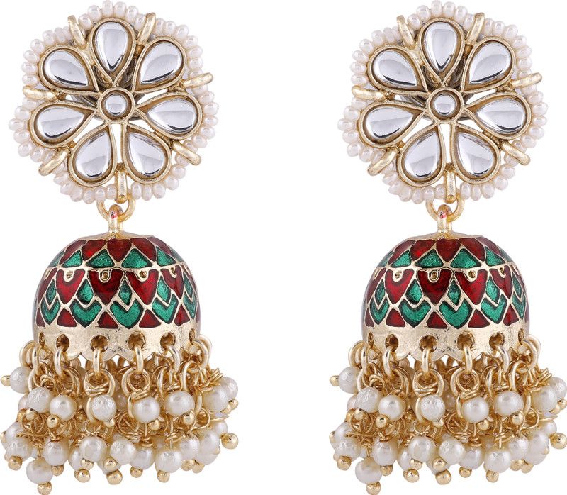 Red And Green Meenakari Jhumki With Pearl Brass Jhumki Earring