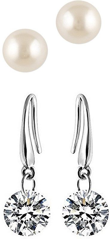Combo of 2 White Pearl & Silver Delicate Cubic Zirconia Cubic Zirconia, Crystal, Zircon Brass, Metal Earring Set