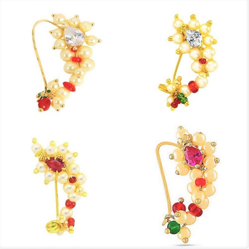 Karishma Kreations Pearl, Cubic Zirconia Gold-plated Plated Copper, Brass Nathiya  (Pack of 4)