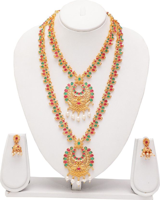 Copper Gold-plated Gold, Green, Ruby Red Jewel Set  (Pack of 1)