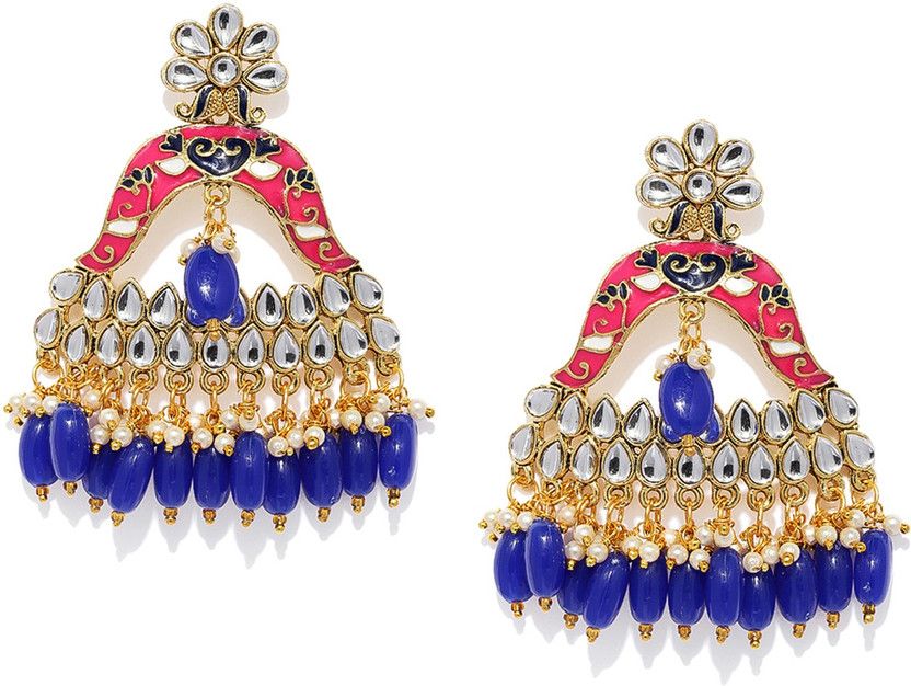 Lavish Kundan Gold Plated Meenakari Chandelier Pearl Alloy Drops & Danglers