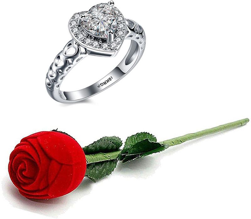 Crystal Royal Heart Adjustable Ring in Red Velvet Rose Ring Box for Women Metal Swarovski Crystal Silver Plated Ring