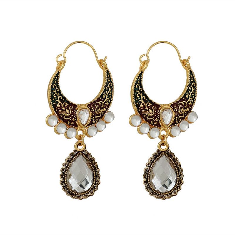 Piah Kundans Chand Bali Pearl Alloy Hoops Earrings For Women Emerald Brass Drops & Danglers