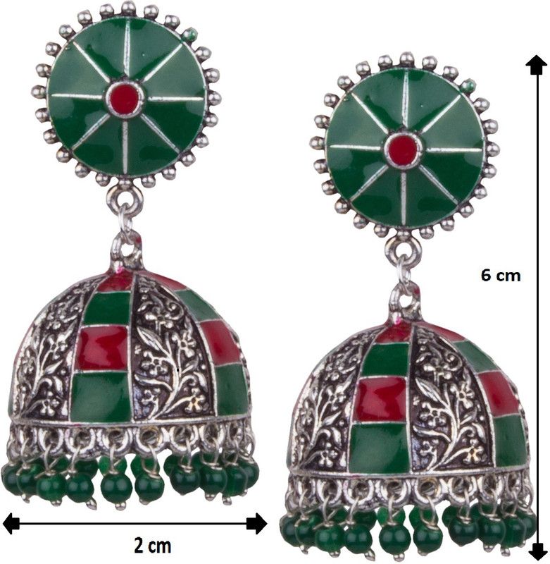 Piah Fashion Elegant Oxidised 
Silver With Red & Green Minakari 
Beaded Brass Jhumkhi For Women & 
Girls Brass Drops & Danglers