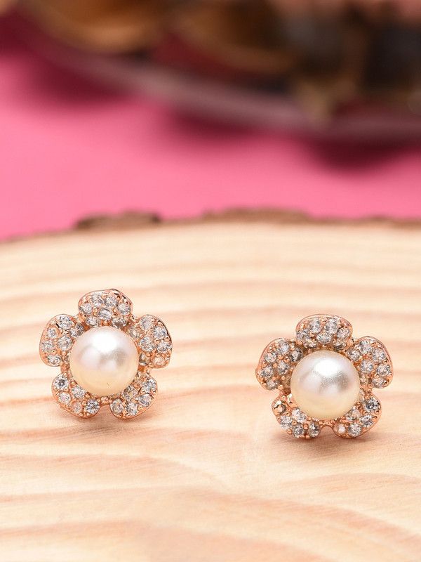 Shimmering Cubic Zirconia & Pearl Flower Shape Cubic Zirconia Brass Stud Earring