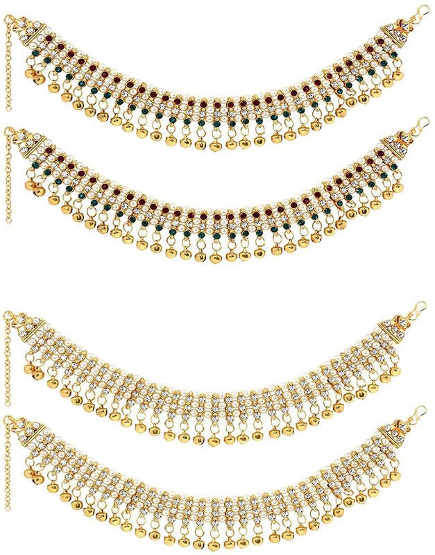 TIRUPATI Multi American Diamond Fashion Real Look/Traditional Beauty Natural Ghungroo Brass, Alloy Anklet  (Pack of 4)