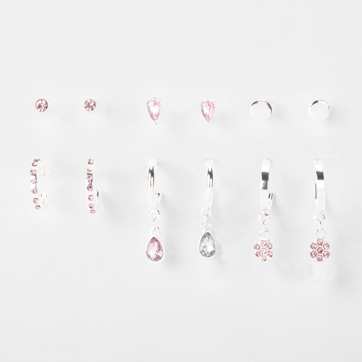 Multipack Diamante Stud and Hoop Earrings - Pink and Silver Look