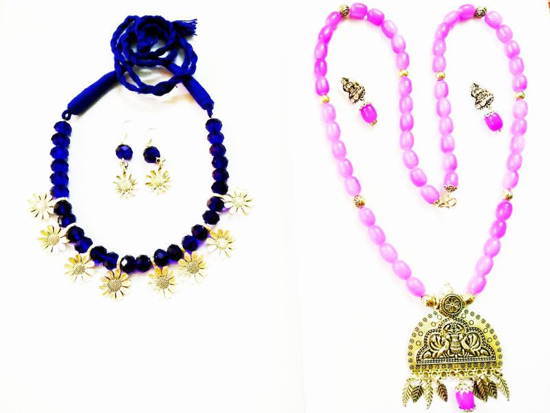 Oxidised Silver Blue, Pink, Silver Jewel Set  (Pack of 1)