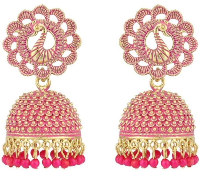 Traditional Enamelled Gold Plated Partywear Peacock Light Weight Jhumka Beads Alloy Jhumki Earring