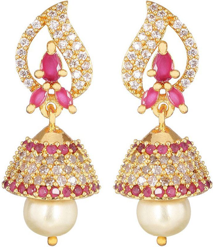 Trendy Collection Pink White Stone Gold Plated Cubic Zirconia Metal Jhumki Earring