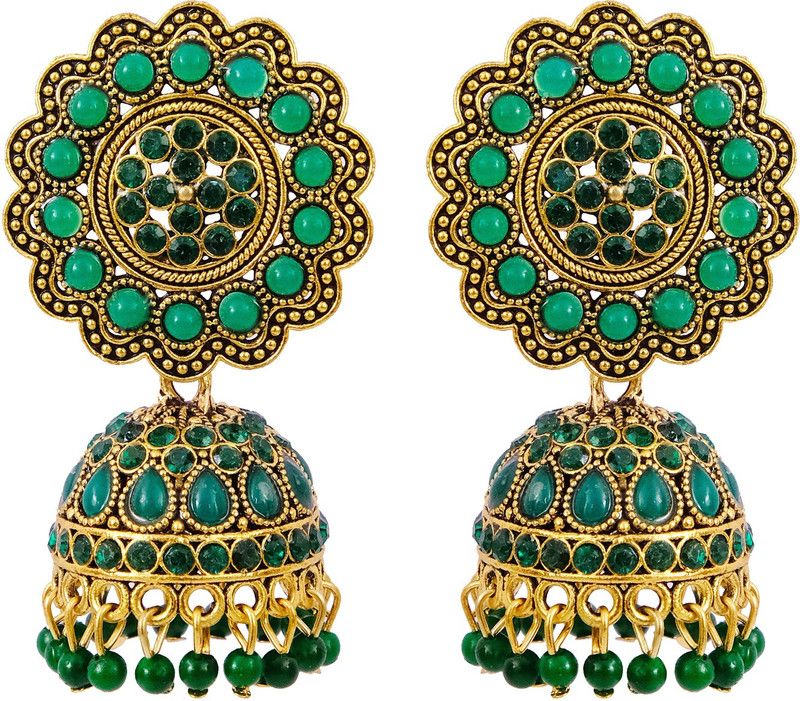 Meenakari Round Floral Green Golden Earrings Alloy Jhumki Earring