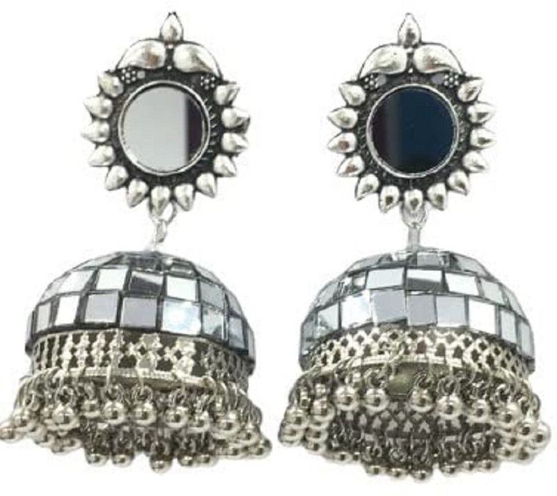 Silver Kashmiri style Stud Mirror Work Dome Shaped Jhumka for Women & Girls Metal Jhumki Earring