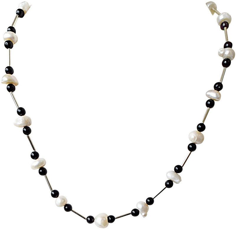 Trendy Black Onyx Beads, Silver Plated Pipe and Freshwater Pearl Necklace for Women Onyx, Pearl Metal Necklace
