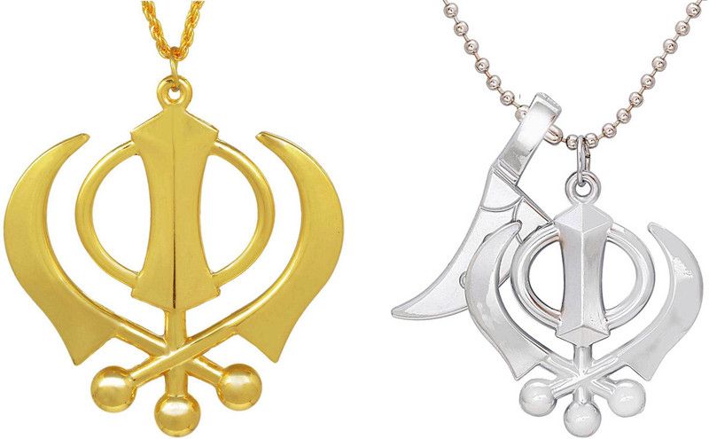 Combo Jewellery pendant of Big Brass and Steel Khanda-kirpan Sikh Sardar Punjabi God jewellery chain pendant necklace for Men and Women Silver Brass Pendant