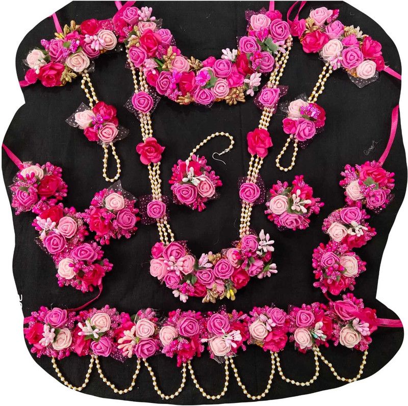 Fabric, Plastic Jewel Set  (Pink, Green, Gold)