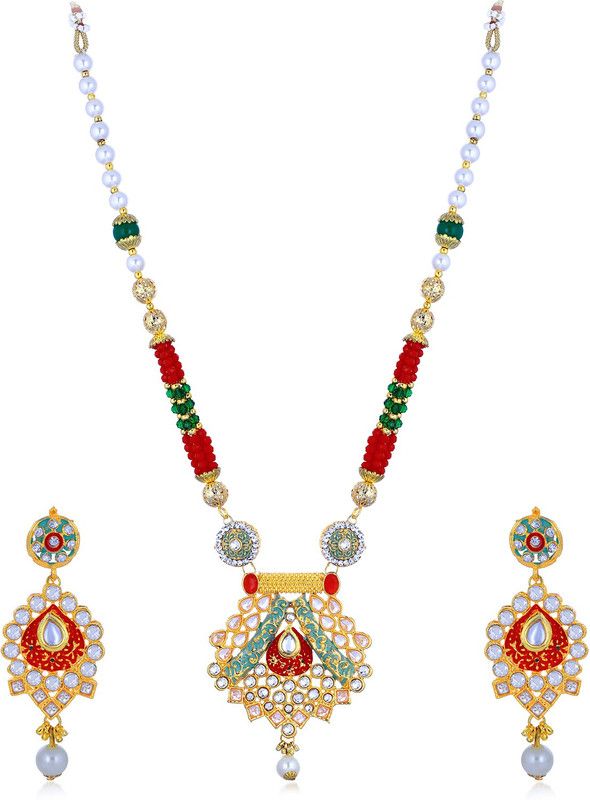 Sukkhi Glistening Pearl Gold Plated Mint Collection Kundan Necklace Set For Women Pearl Gold-plated Plated Alloy Necklace Set