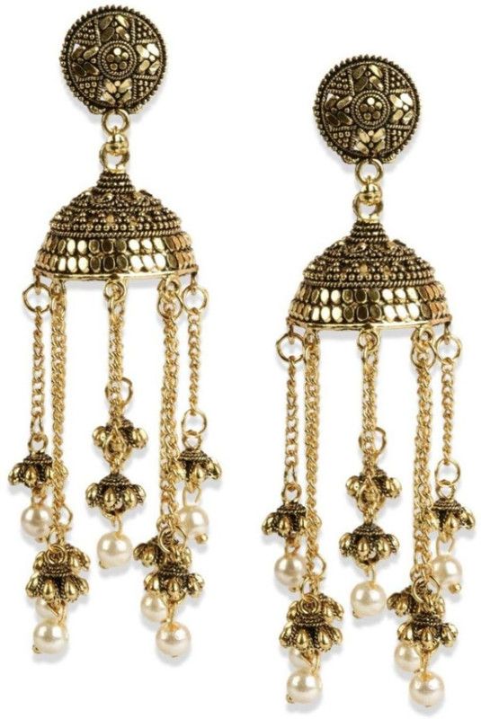 Classic Gold Plated Enamelled Jhumka Earrings With Chain Tassel For Women And Girls Cubic Zirconia, Beads Alloy Jhumki Earring