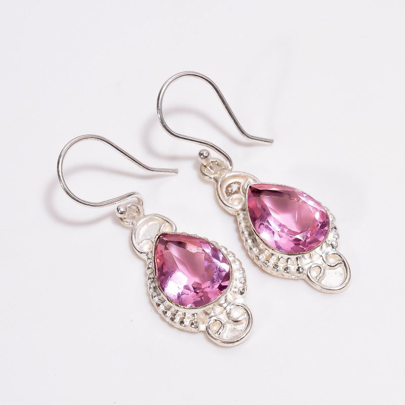 Pink Amethyst Pear Ethnic Handmade 925 Sterling Silver Earrings 1.8" SE-102 Morganite Sterling Silver Drops & Danglers