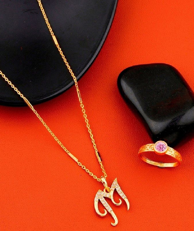 M name letter Diamond Pendant locket chain with pink diamond ring for girls Gold-plated Beads Alloy Pendant